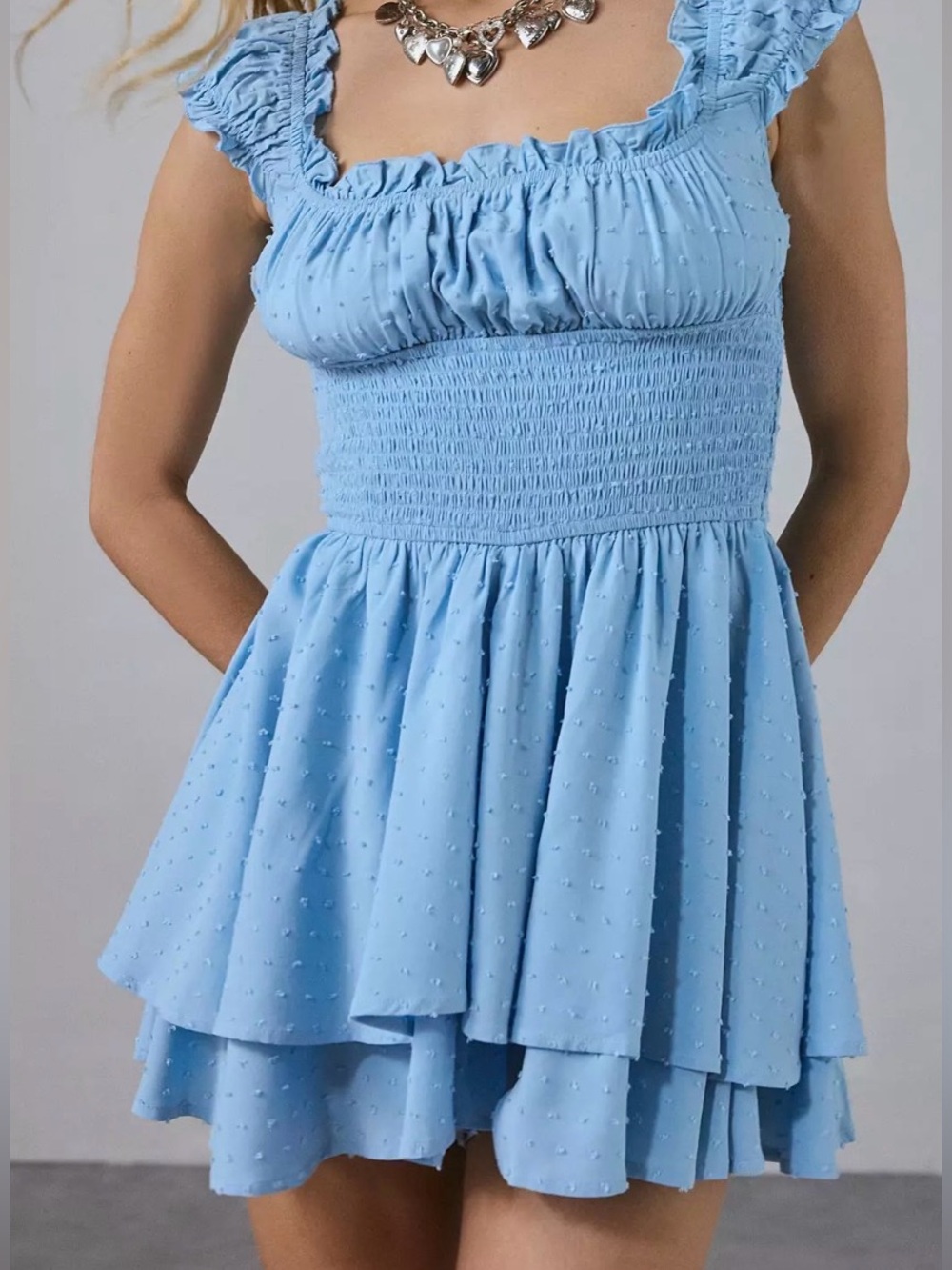 Urban Outfitters Dusty Blue Smocked Dot Dress - Picture 1 of 4